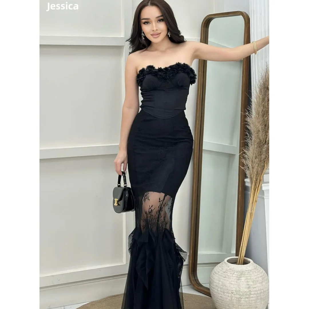 

Jessica See-through Lace Embroidery Evening Dresses Black Prom Dresses Slim-fit Off-shoulder Women Vestidos De Gala Customized