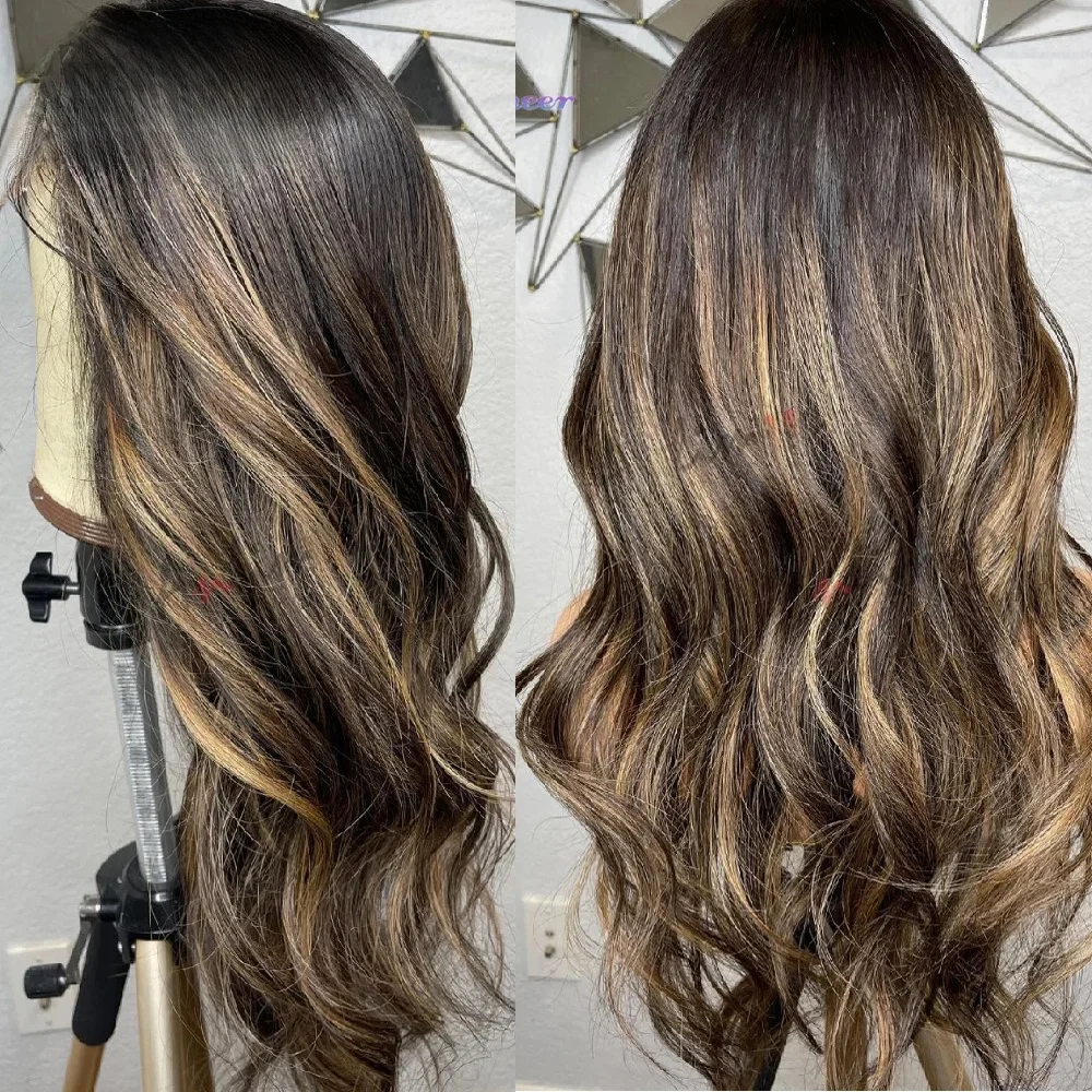 Zijden Toppruik Honingblond Highlight Kant Voorkant Pruik /Volledige Kantpruik/360 Kant Voorkant Haarwerk Lange Bruine Pruik Voor Vrouwen - afbeelding 2