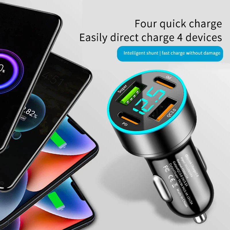 66W USB Car Charger 4 Ports USB Type C Fast Charging Car Charger QC3.0 USB C Car Phone Charger For iPhone Samsung Huawei Xiaomi image 4