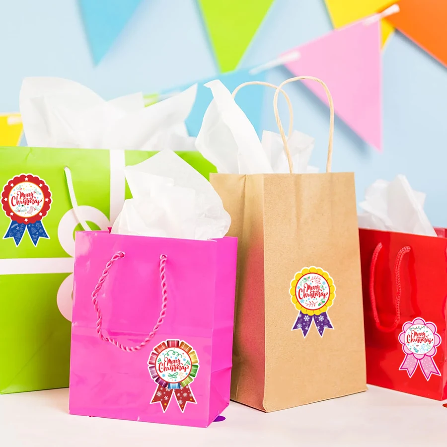 60 Pcs Merry Christmas Ribbon Stickers –Reusable Paper Christmas Labels for Holiday Decorations, Greetings, Envelopes And Crafts