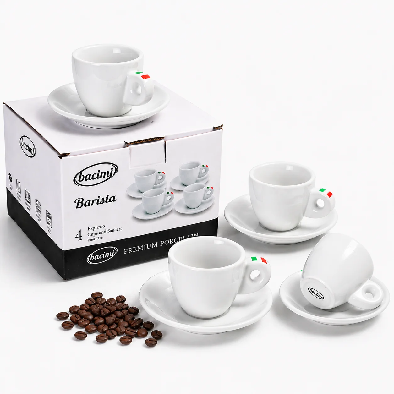 Bacimi® Espresso Cups & Saucers Set of 4 – 3 oz Thick Porcelain Coffee Cups -  Barista Style Cup Set - Classic Italian Design - Ceramic Cups for Espresso, Macchiato, Doppio – Dishwasher & Microwave Safe