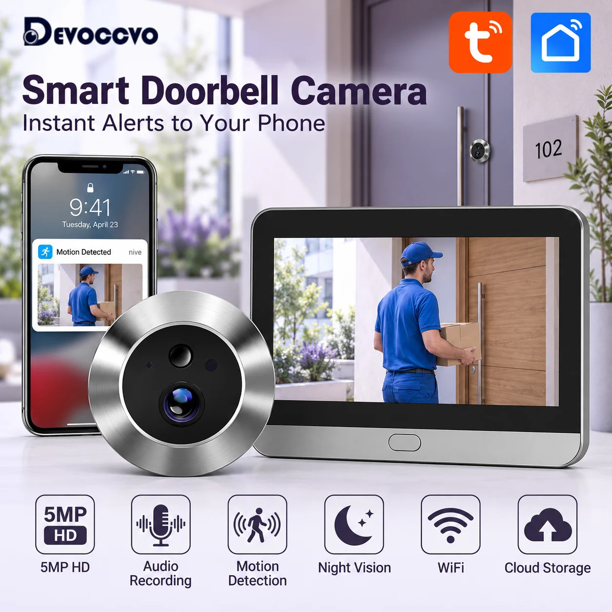 Videocitofono intelligente wireless Tuya da 5 MP, con connessione Wi-Fi 2.4G, spioncino video e rilevamento del movimento tramite sensore PIR, schermo da 4,3 pollici, monitoraggio in tempo reale,