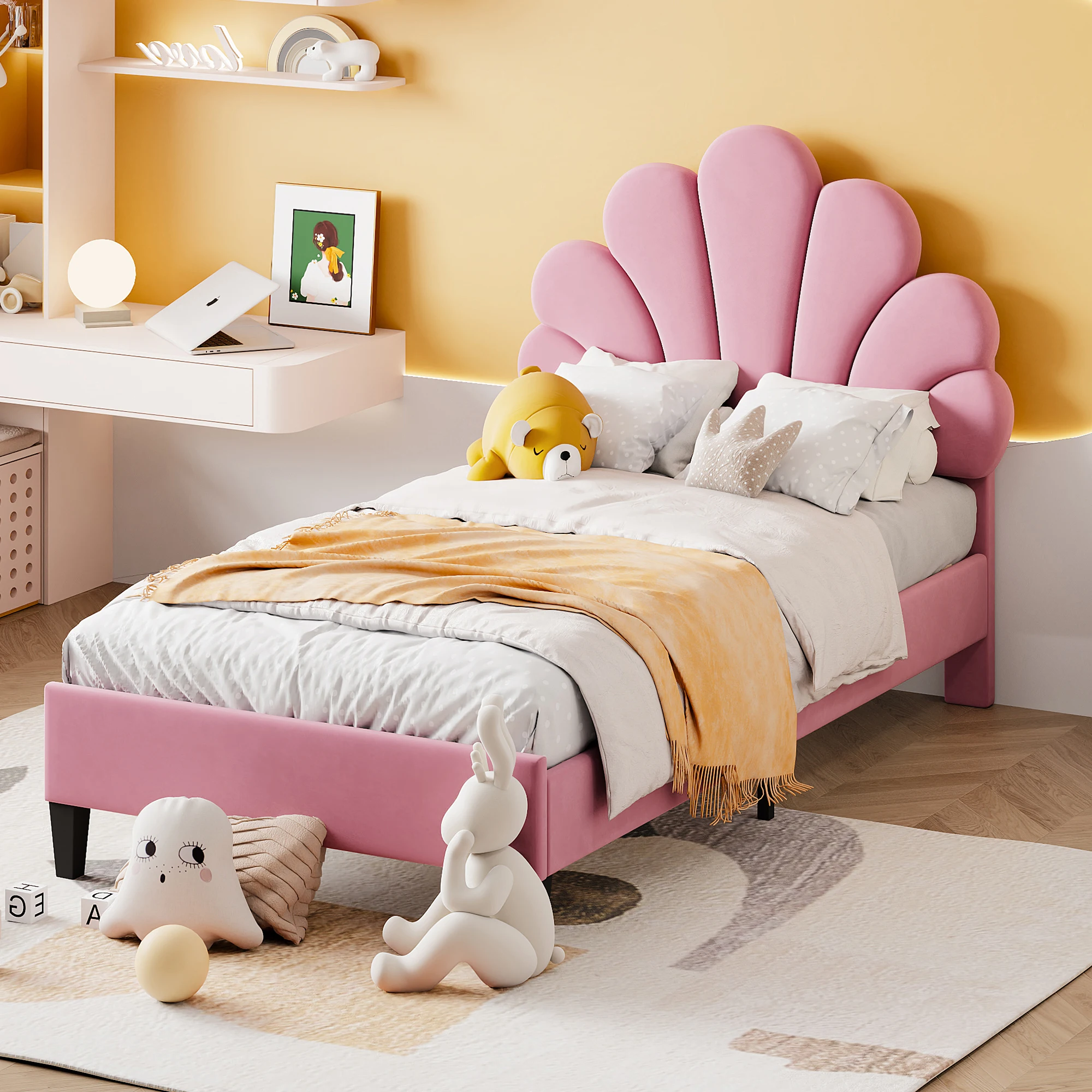 90 X 200Cm Upholstered Bed Children'S Bed Bed Frame With Floral Headboard And Slatted Base Teenie Girl Bed Velvet Fabric