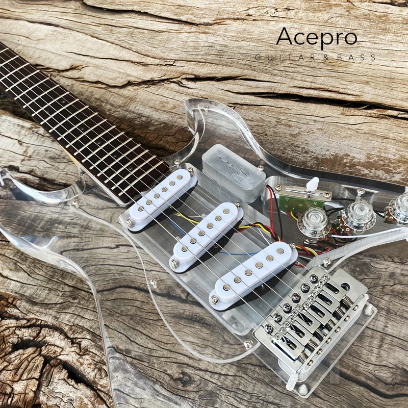 In Stock Acepro Colorful LEDs Light Electric Guitar, Acrylic Body Crystal Guitar, Transparent Pickguard, Free Shipping Guitarra