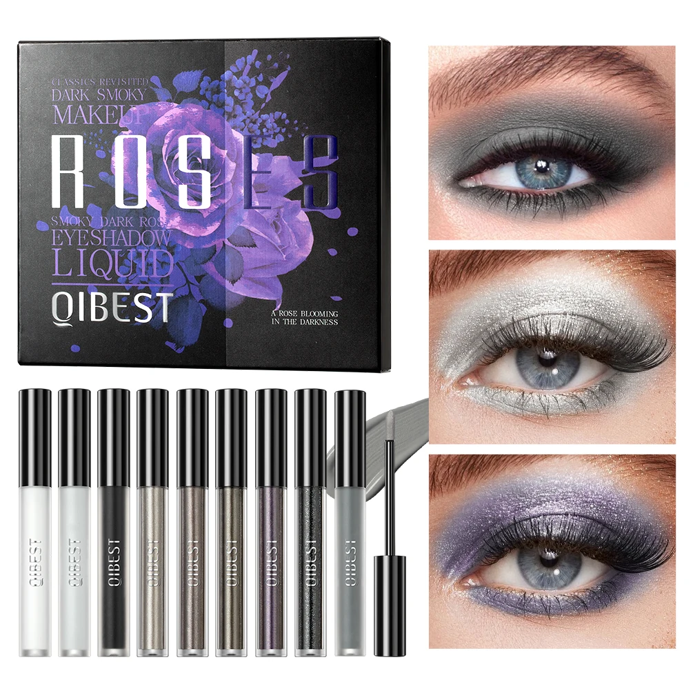 

QIBEST 9pcs Gray Glitter Liquid Eyeshadow Stick Set Pigment Fine Shimmer Matte Natural Cheek Milk Black Shadow Cream Eye Makeup