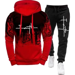 Fashion Faith Print Autumn Men's Casual Tracksuit Men Sweatshirts and Sweatpants Two Pieces Sets Sportswear Plus Size customized