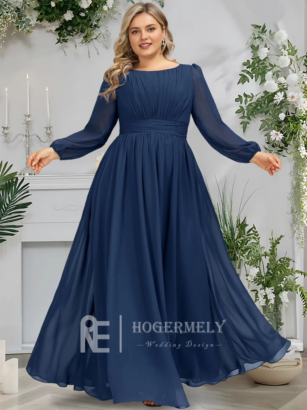 Navy Blue 2025 Elegant Scoop แขนยาว A-Line ยาวชีฟองชุดเพื่อนเจ้าสาว Ruffle งานแต่งงานเกสต์ชุด ​