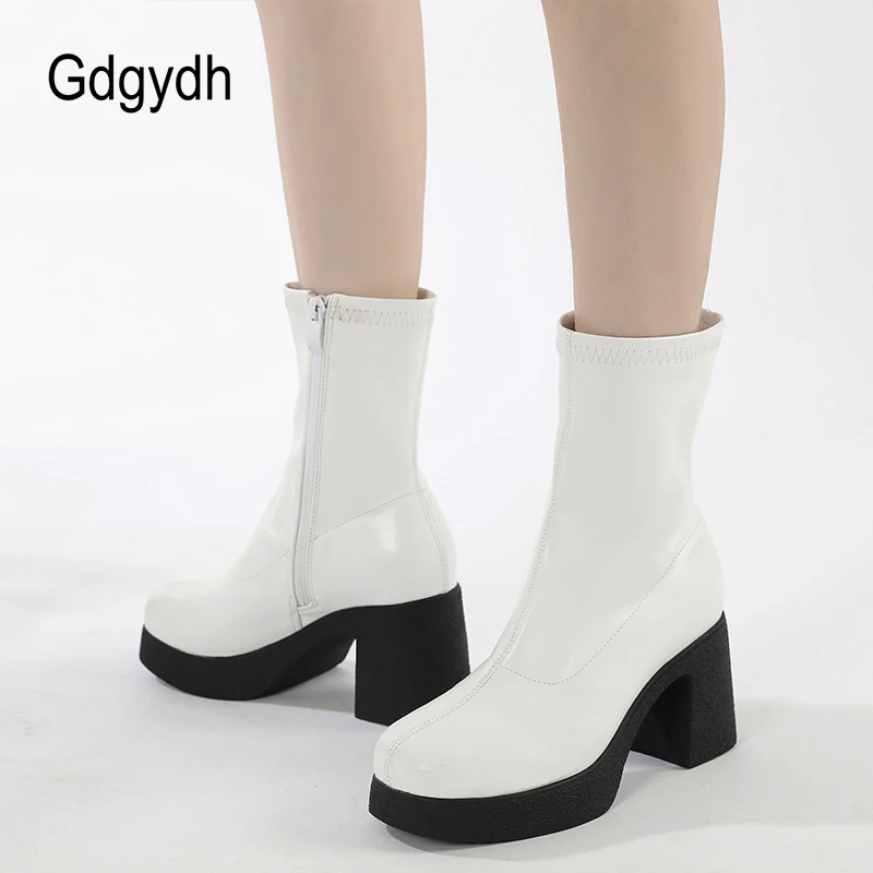 Gdgydh Women\'s Sock Boots Chunky Heels Platform Ankle Boots Winter Warm Lined Square Toe Leather Gogo Boots Mid Calf Side Zipper