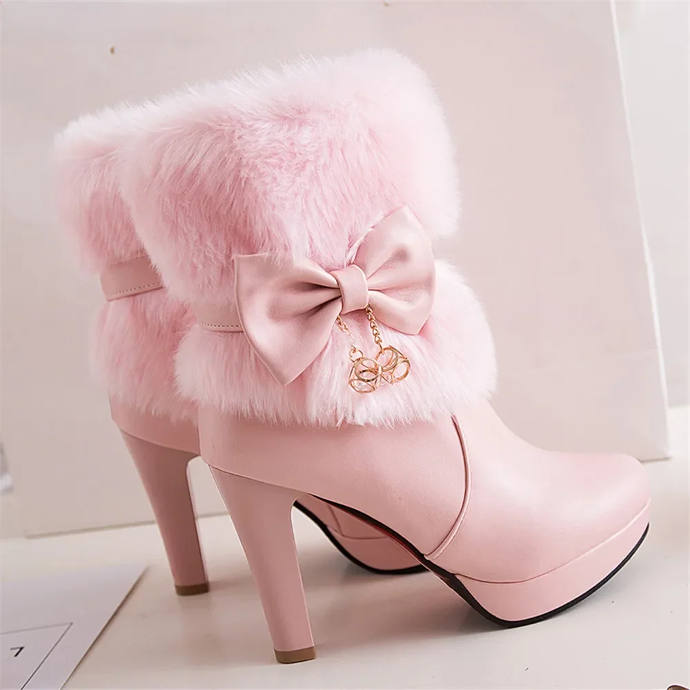 2025 hiver femmes mode bottes à talons hauts rose blanc noir fourrure gland noeud papillon belle Lolita dames fête chaussures de mariage size32-43