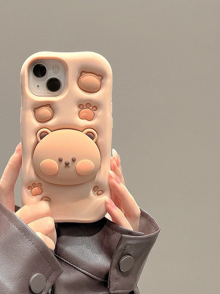 Urocze etui silikonowe na telefon z ukrytym uchwytem w kształcie misia 3D do iPhone 11 12 13 14 15 16 Pro Max XS XR X 7 8 Plus, słodkie etui dla dziewczyn — zdjęcie produktu 7