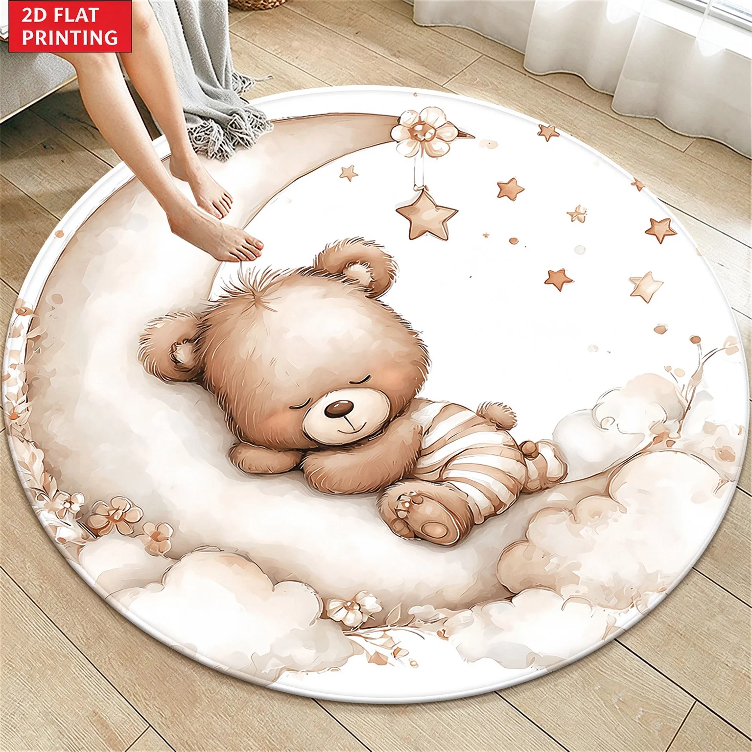 2D Flat 1pc Teddy Bear on Moon HD Round Floor Mat, Suitable for Entryway, Living Room Decorative Mats, Holiday Decoration Carpets
