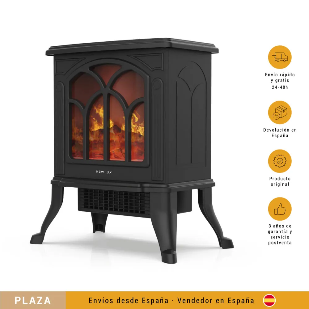 NEWTECK Chimenea Eléctrica Classic Flame con luz LED y Sist. Termo-cerámico PTC, 2 Niveles, Sensor Sobrecalentamiento. 750/1500W