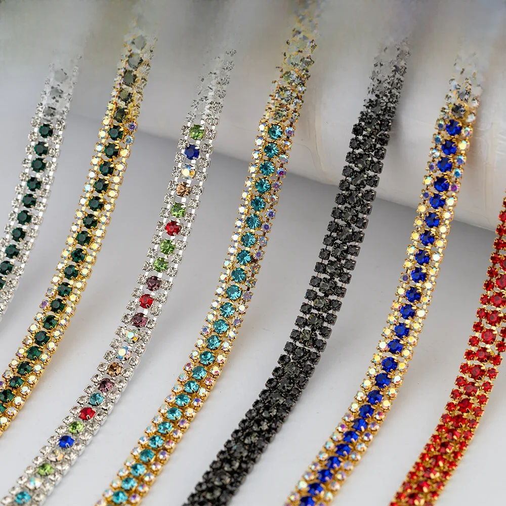 CARLOW AAAAA – chaîne de tasse en strass à 3 rangées, à coudre sur Base dorée brillante, chaîne en pierre de verre pour décoration de Garement, bricolage