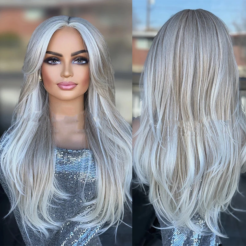 Creamy Ash Blonde Platinum Balayage Straight Wig Premium Human Hair Blend HD Invisible Lace Front Wig 13x4 Free Part Wig