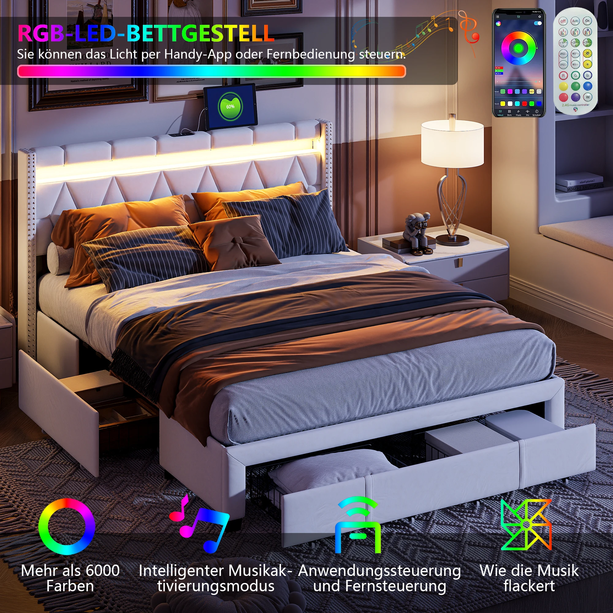 ROSAHQNDA Letto imbottito con Cassetti، Letto الزواجية Moderno in Lino، testiera Unica a LED con porte USB، Sans Materasso