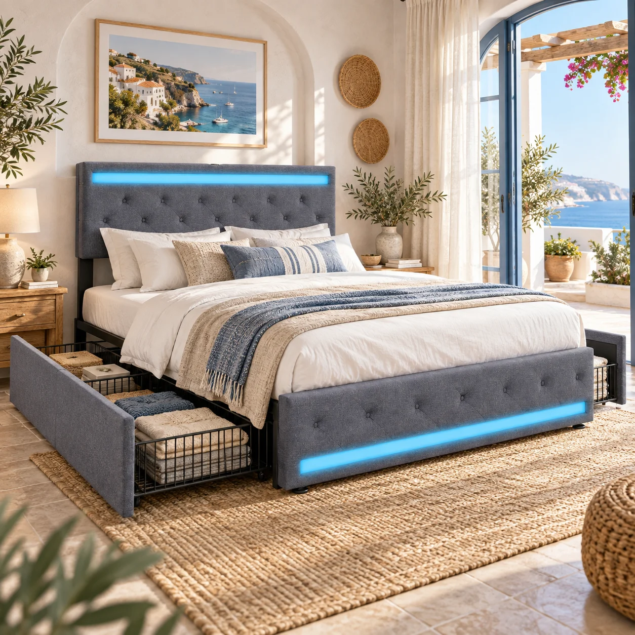 Letto matrimoniale per adulti, letto imbottito con contenitore 140x190, letto imbottito per 2 persone, testiera regolabile in cotone con contenitore, con 4 cassetti, lino, grigio