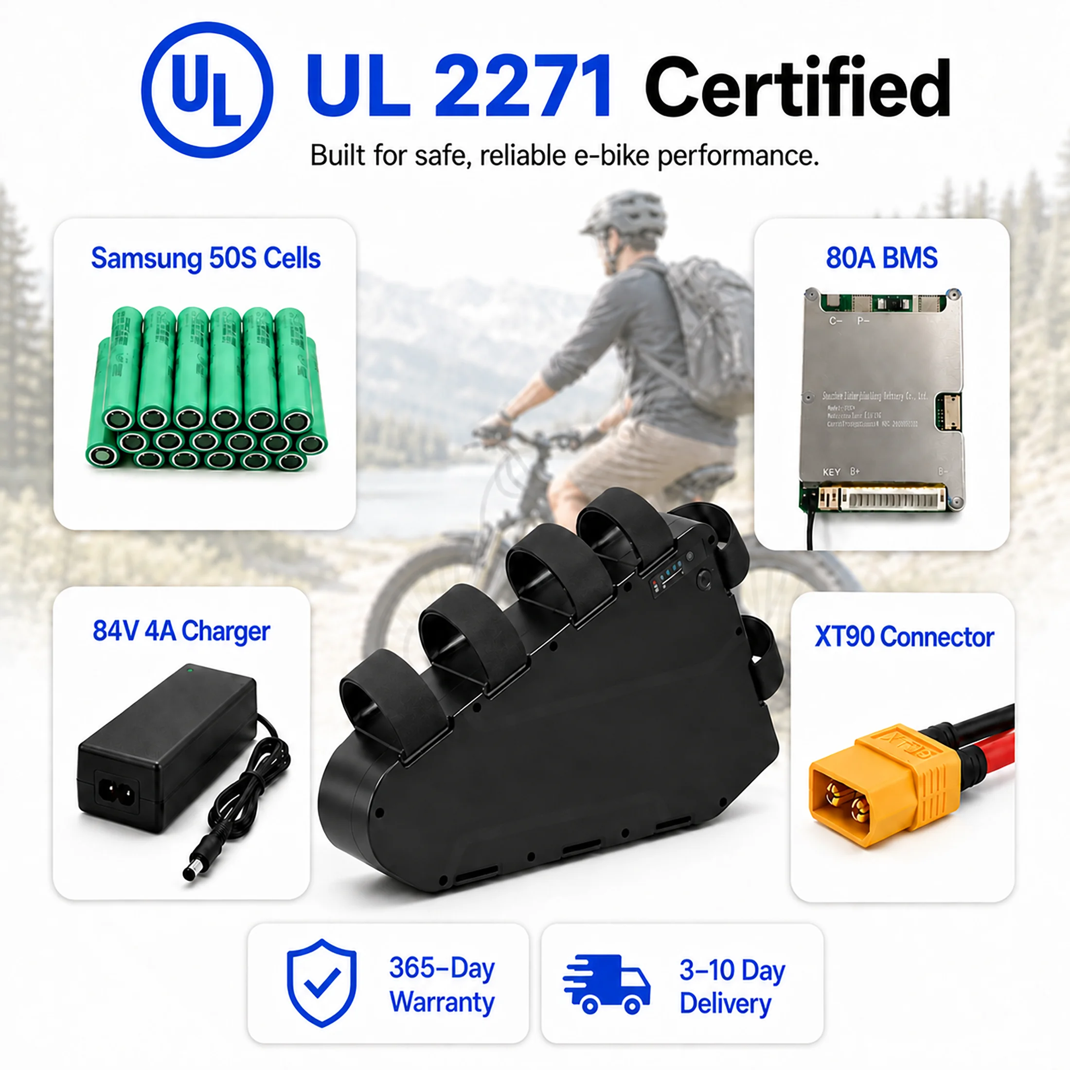 72V 20Ah Lithium-Ion Ebike Battery with Samsung-50S Cell,4A Charger, XT90 Connector, 80A BMS,strap Mount for Electric Bicycle
