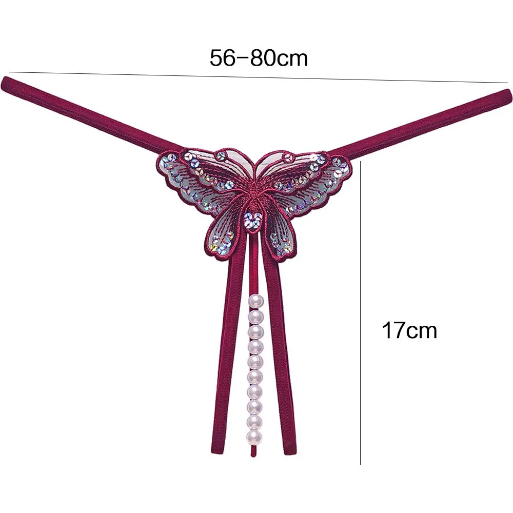 WAKEWAY Women\'s Sexy Beaded Tease Open File Underwear Sexy Butterfly Underwear Sequin Massage T-shaped Thong