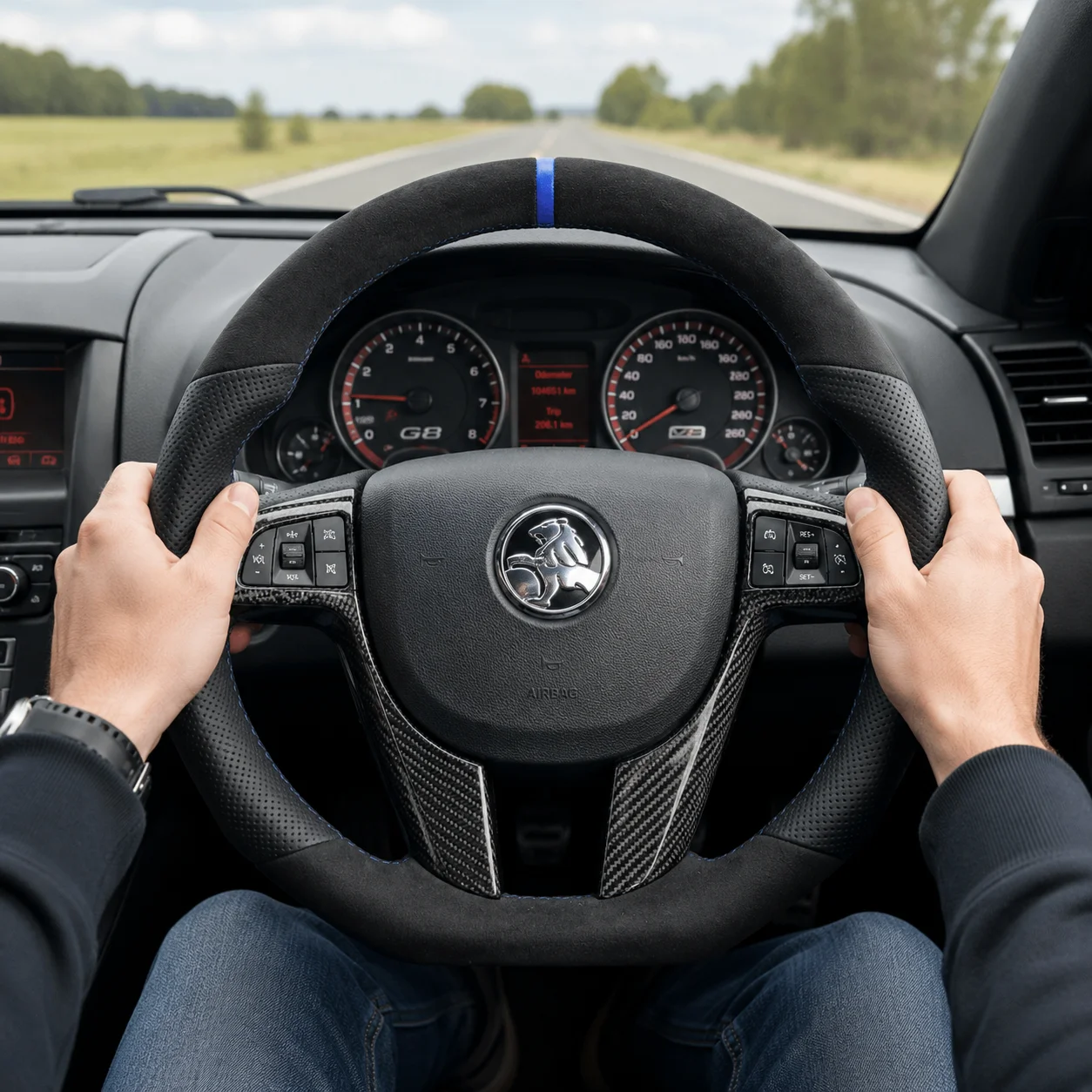 For Holden VE Pontiac G8 GT HSV SSV Commodore Blue Stripe Alcantara Carbon Fiber Flat Bottom Steering Wheel