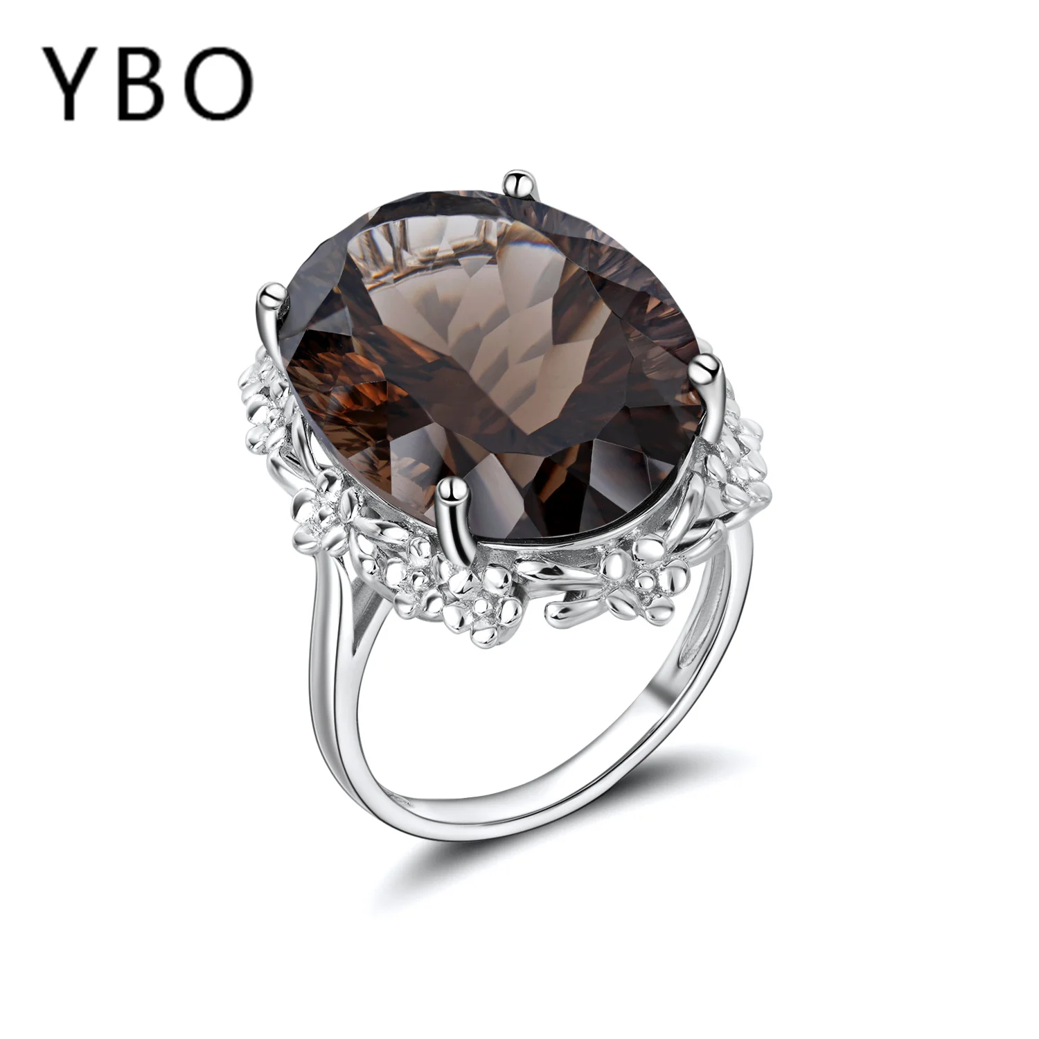 YBO Big Gemstone Natural 23Ct Smoky Quartz 925 Sterling Silver Rings For Women Luxury Party Wedding Dating Fine Jewelry Gifts