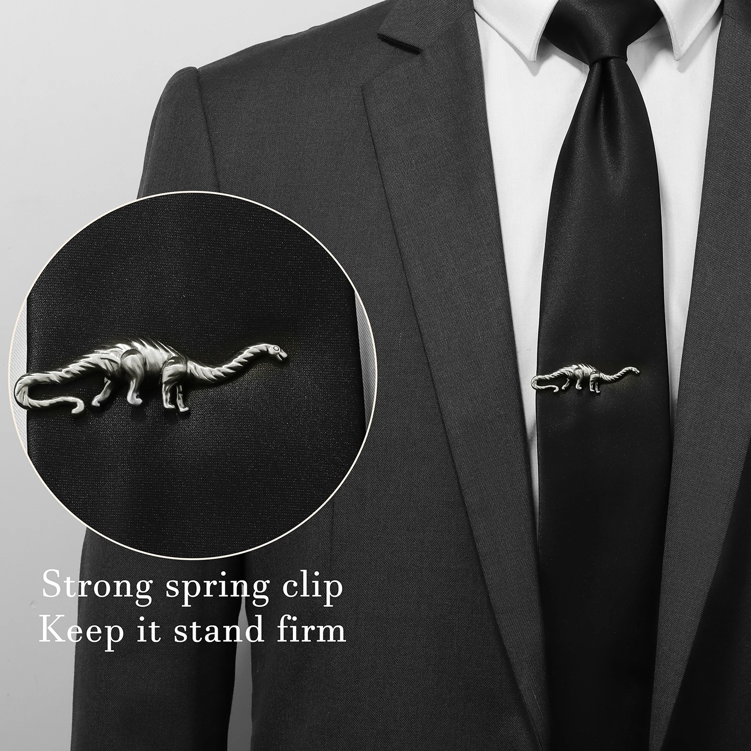 Brachiosaurus Dinosaur Tie Clip for Men, Antique Gunmetal Brass 2 Inch Novelty Prehistoric Animal Tie Bar Suit Accessories