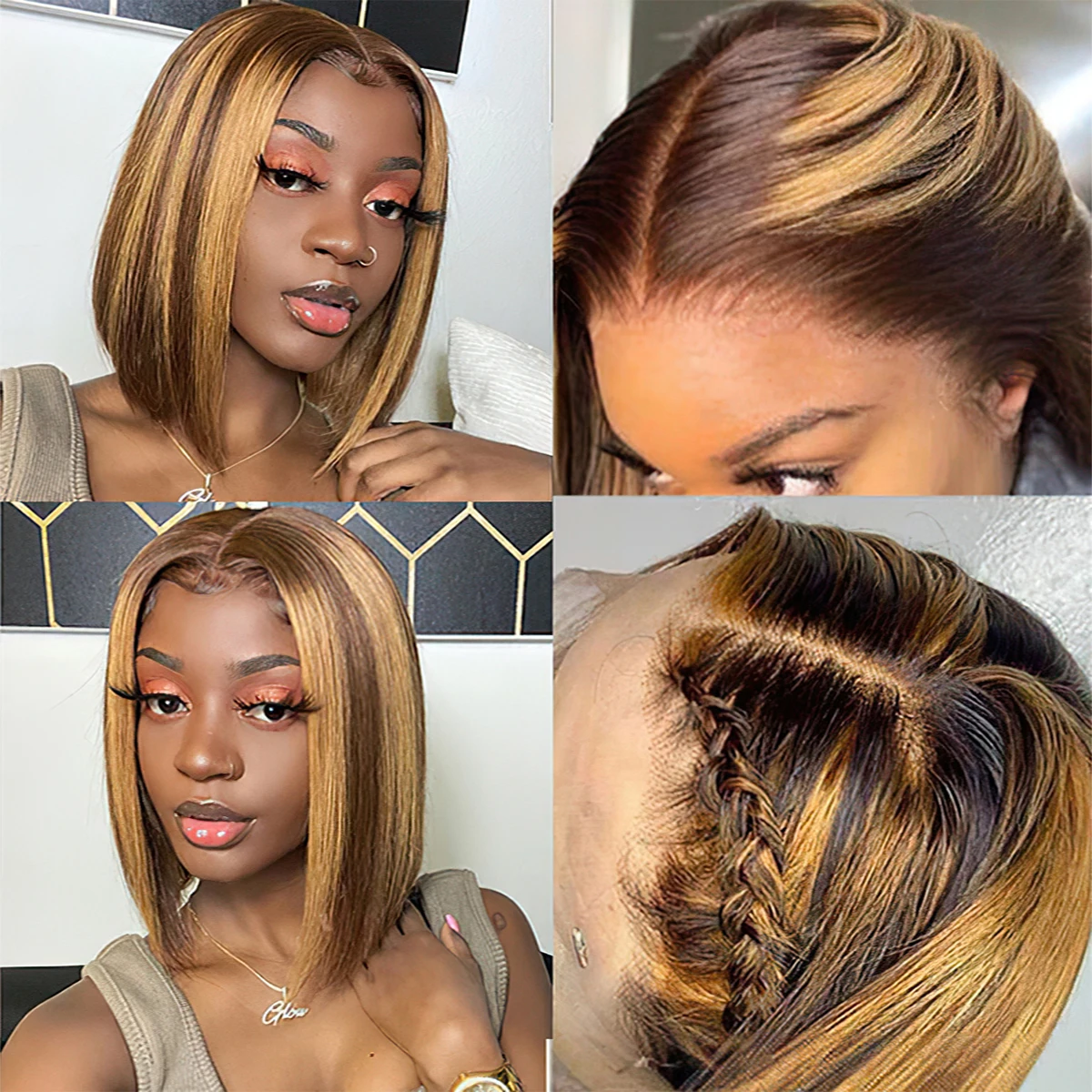 Straight 4/27 Highlight Bob Wigs 13x4  Lace Front Wig Human Hair Ombre Frontal Bob Wig Human Hair  Brown Blonde Wig 14 16inch