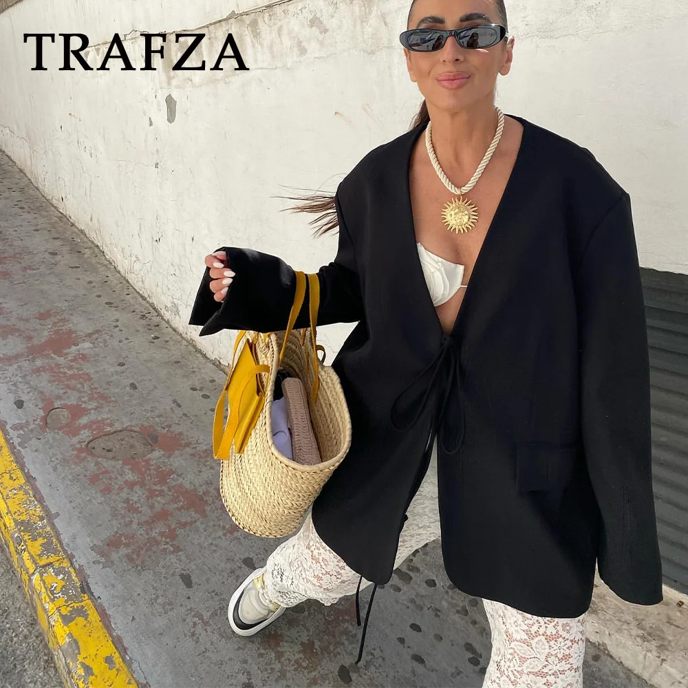 TRAFZA primavera estate donna Office Lady Solid Blazer tasche giacche con fiocco allentato Blazer con scollo a v con lacci moda donna 2024 Chic top