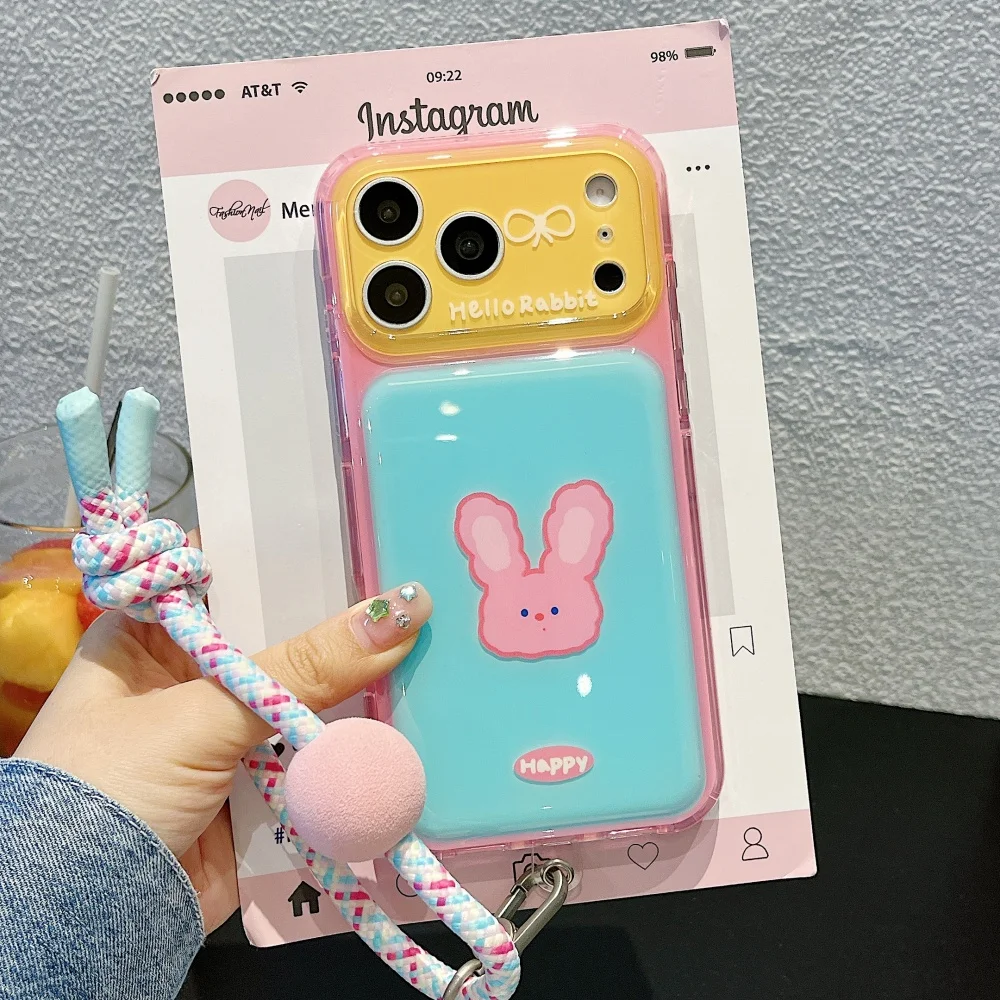 Cute Bow Rabbit Glossy Phone case for iPhone 16 Pro Max 15 16 17 15 Pro 17 Pro Cover With Chain Hand Rope Shockproof Kawaii Cove