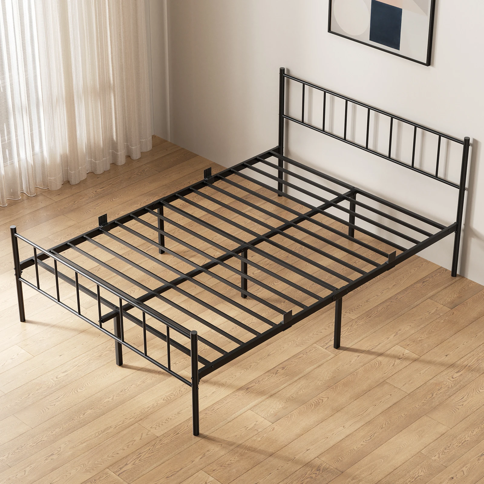 Struttura letto in metallo 140×190 cm, letto con testiera e pediera, 32 cm di spazio sotto il letto, 14 doghe in metallo, robuste e silenziose, nero