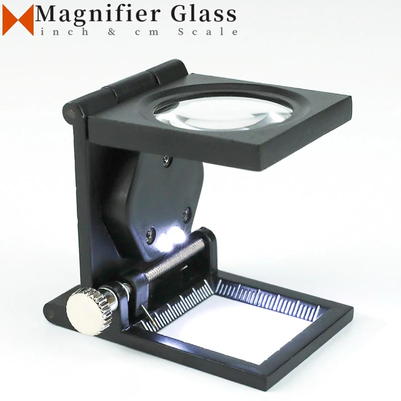 10X Folding Illuminated Portable Magnifier Glass For Fabric Check Inch and Centimeter With 2 LED Lights Jewelers Loupe