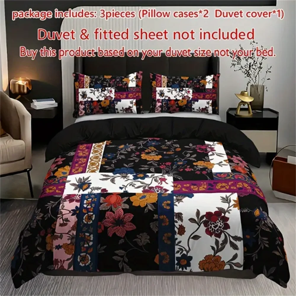 Floral Patchwork Duvet Cover Set 3PCS - 100% Polyester Breathable Bedding, Digital Print, Machine Washable, No Insert Included