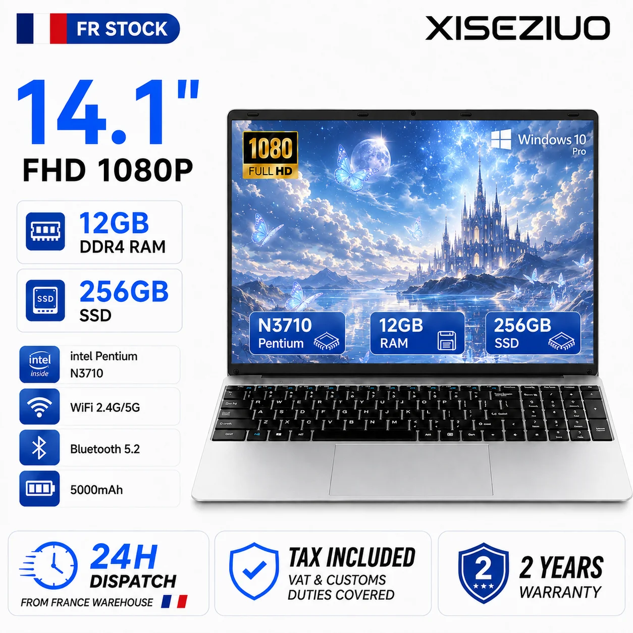 Ordinateur portable ultra-fin neuf 14,1'' N3710 Quad Core 12 Go de RAM 256 Go de SSD Windows 10 Pro Écran FHD 1080P Ordinateur portable ultra-mince po