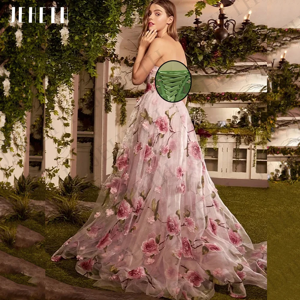 JEHETH Prom Dresses For Women 2023 Pink Floral Print Split Party Elegant Strapless A Line Evening Gown Fairy فساتين مناسبة رسمية