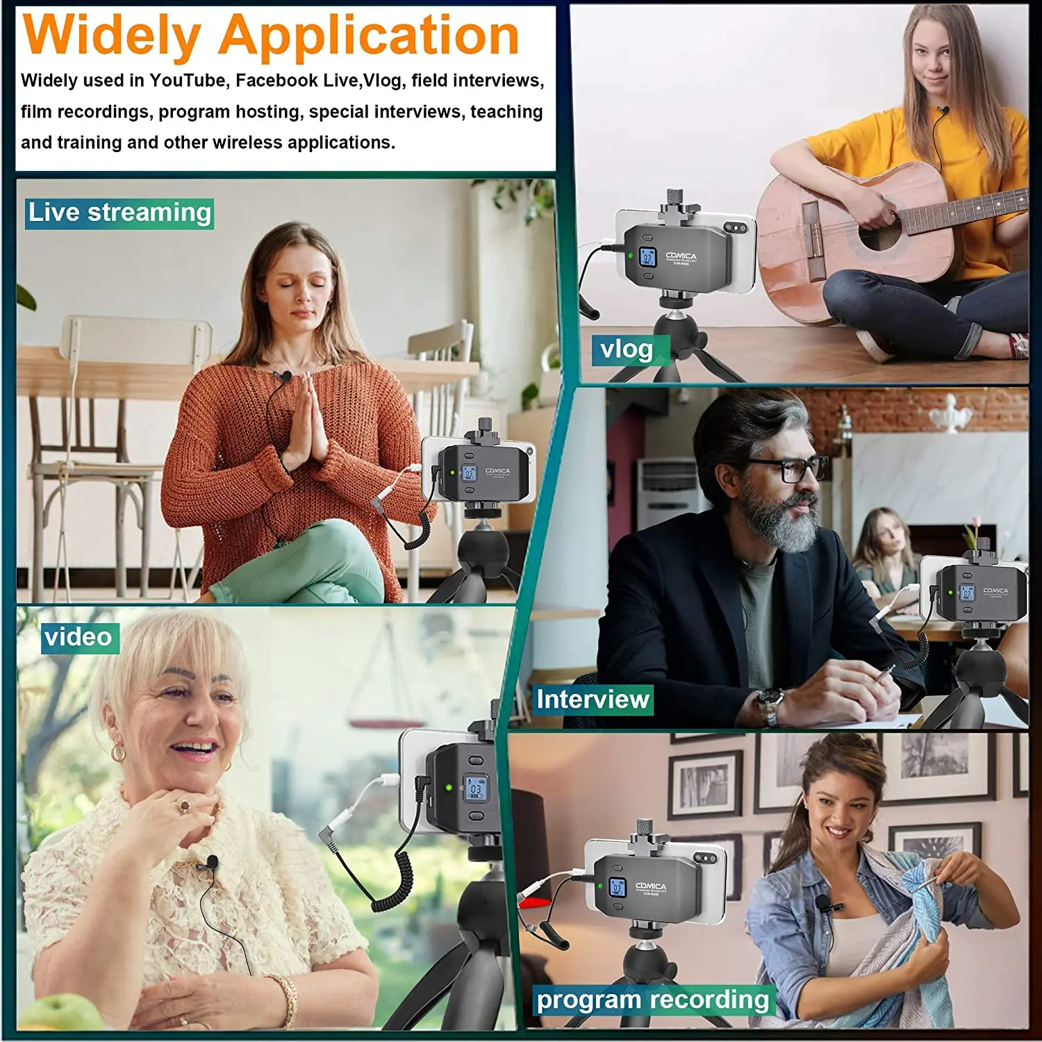 comica CVM-WS50C Microfone de lapela sem fio para smartphones - UHF Microfone de lapela sem fio de 6 canais para iPhone, microfone Android-Lav para vlogging, jornalismo móvel, transmissão ao vivo e muito mais