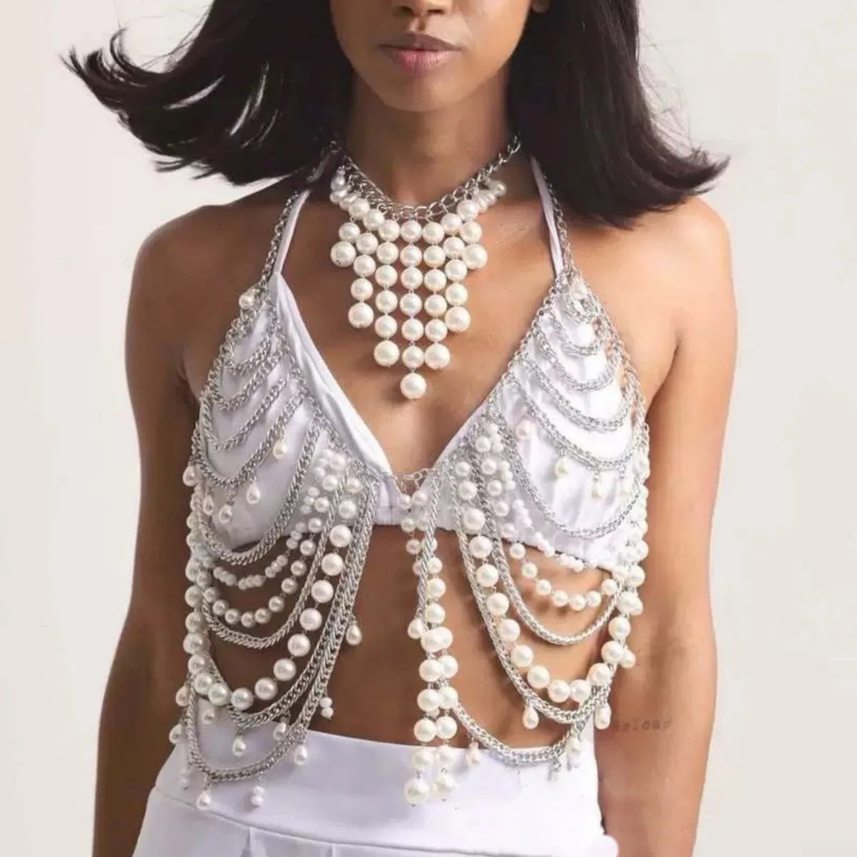 

Handmade Layered Pearl Pendant Necklace Chain Bra Sexy Rave Wear Body Chain Party Festival Crop Top White Pearls Y2K Beads Top