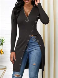 New European and American Women's V-neck Long Sleeve High Slit Threaded Zipper T-shirt Tops