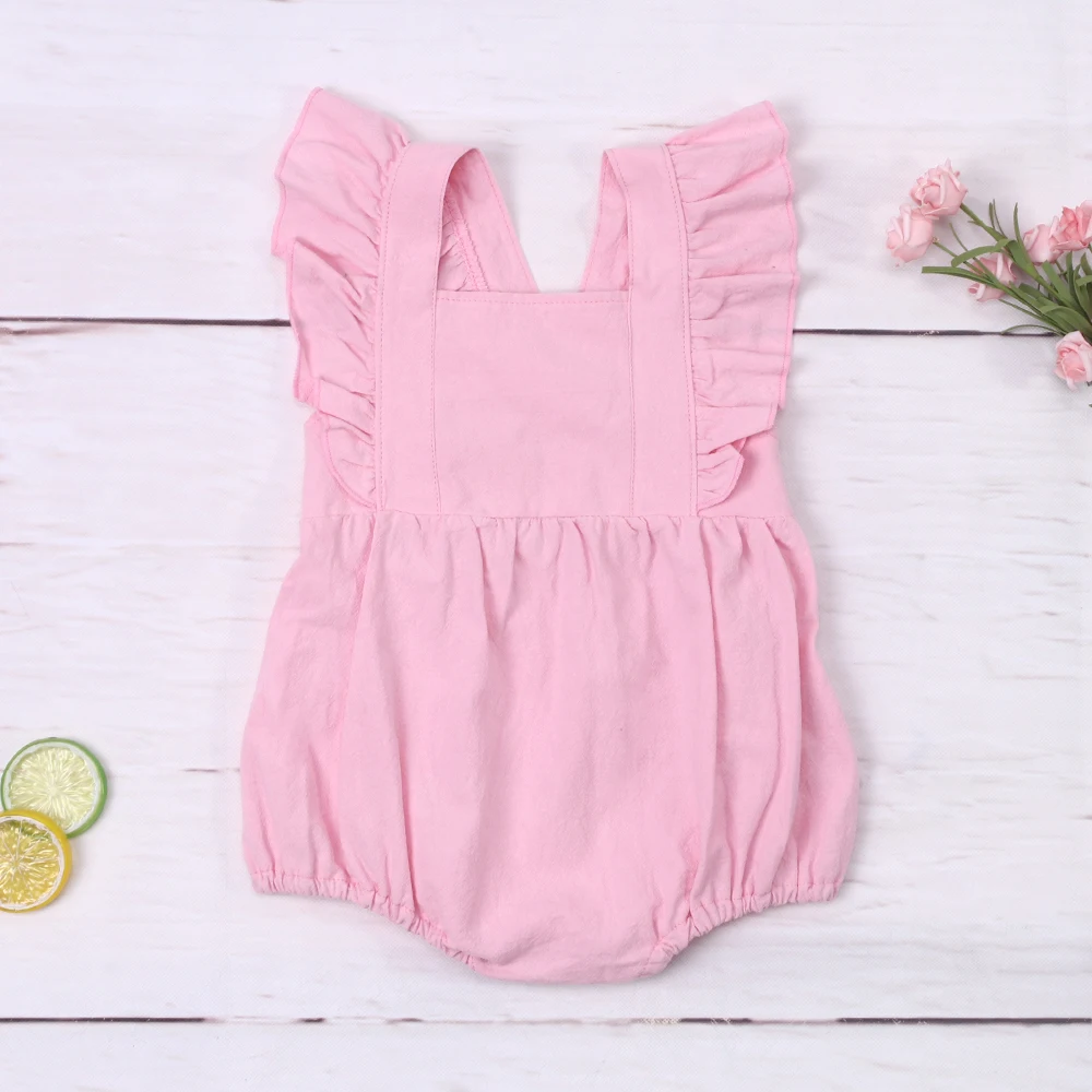 

2023 Fashion New Summer Sleeveless Strap Baby Girl Jumpsuit Pink Square Neck Bodysuit Button Decorate One-Piece Clothes