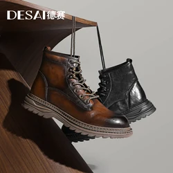 Desai Brand Men Boots Winter Cowboy Full Grain Genuine Leather Military Men Motorcycle Shoes Casual Work Fashion High Quality