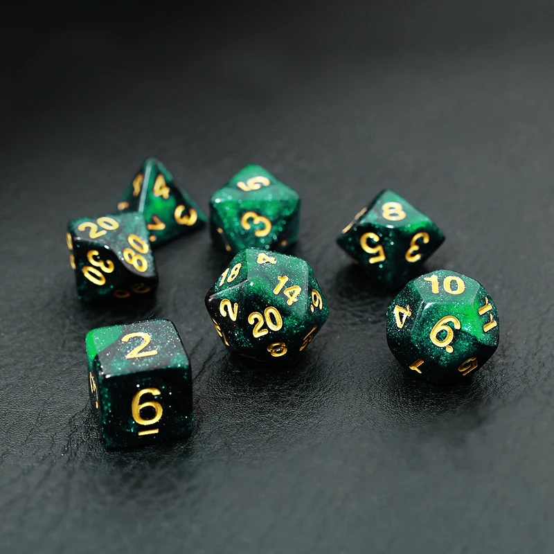 7Pcs/Set Green and Black Starry Sky Galaxy Dice D&D COC Dice D4 D6 D8 D10 D% D12 D20 Table Games DND RPG Dice Set