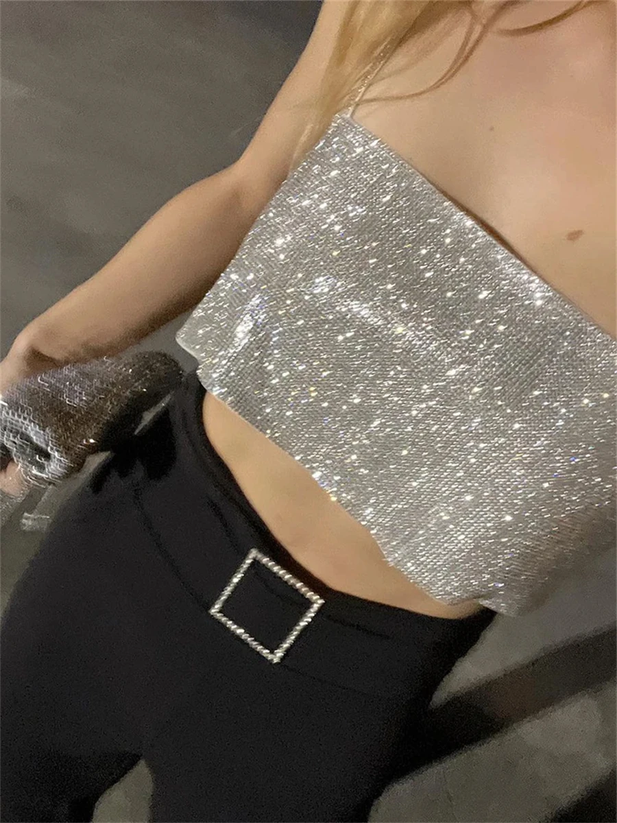 Wsevypo Chic Glitters Spaghetti pasek Camisole Shiny Bandeau topy typu tuba moda kobiety Sling krótkie bluzki do klubu na imprezę topy w stylu