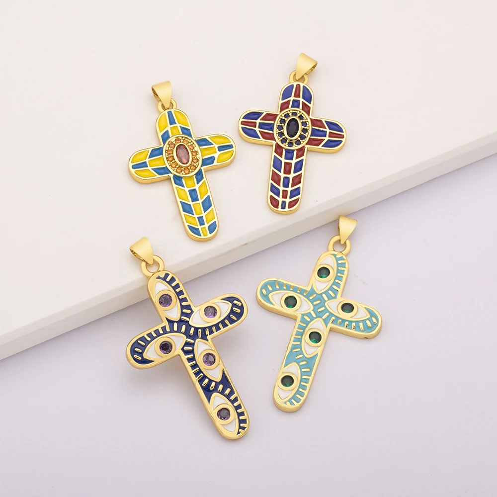 Fashion 5 Colors Cross Enamel Dripping Oil Pendant for Women Zircon Necklace for DIY Jewelry Making Gift Accessories Wholesale