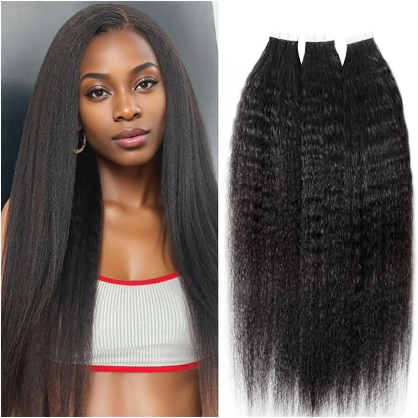 Tape In Hair Extensions Real 100% Human Hair Kinky Straight Remy Hair 20Pcs 50G Natural Color Tape Ins Hair Extensions 26 Inches