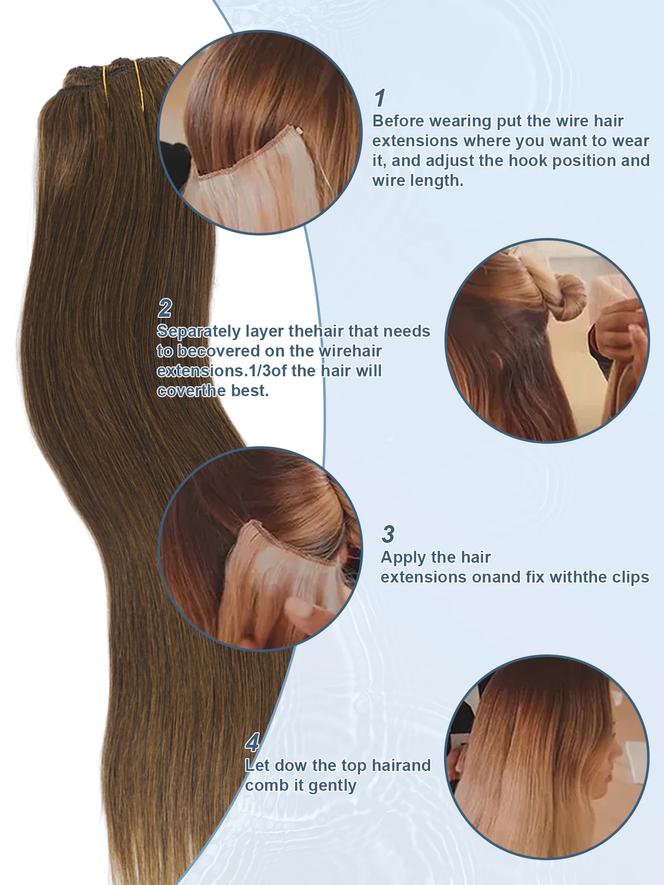 보이지 않는 헤일로 헤어 익스텐션 진짜 인모 피쉬 와이어 조절 가능한 밴드 비밀 클립인 익스텐션 여성용 초콜릿 브라운