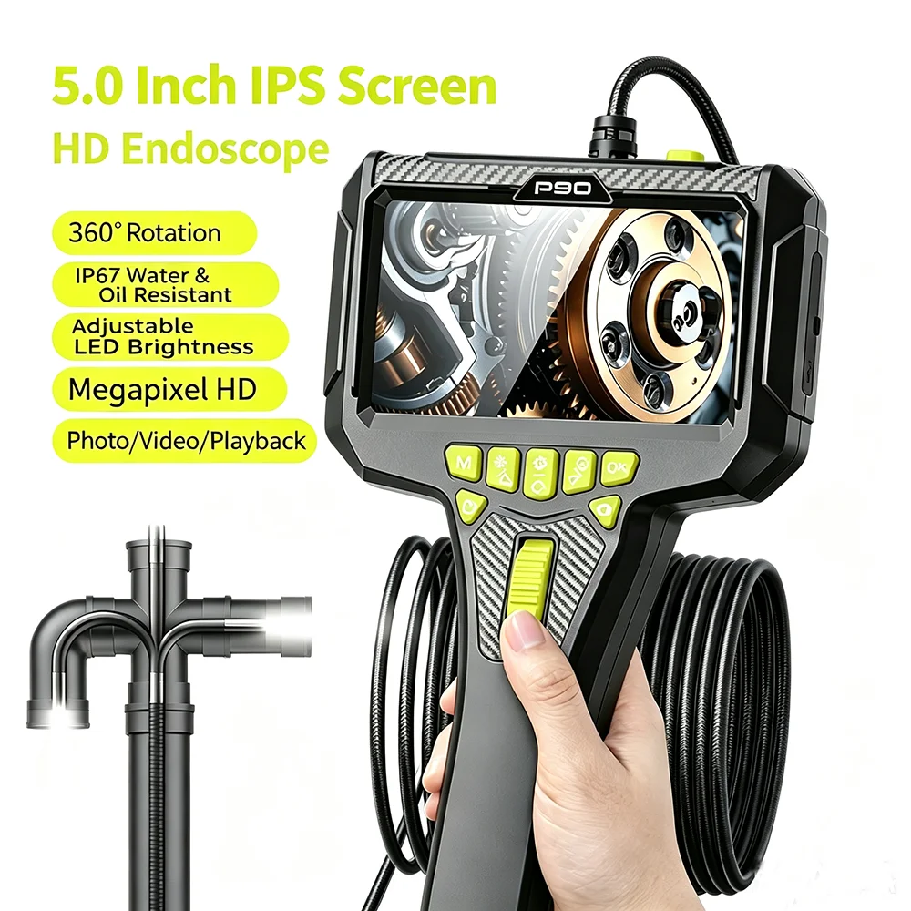 2026 Heißer 5" IPS-Bildschirm 360 °     Lenkbares Industrie-Endoskop-Kamera-Set, 6 mm, Einzelobjektiv, IP67 wasserdicht, Inspektions-Boreskop für Auto/Rohr/Reparatur, 2600 mAh extra großer Akku |