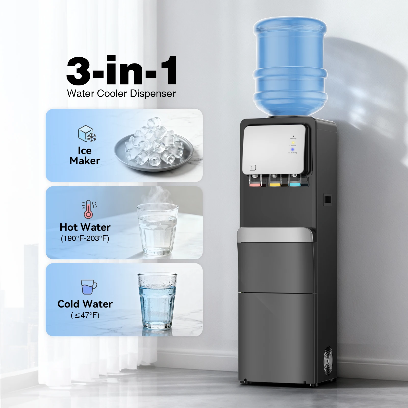 4-in-1 Water Dispenser with Ice Maker, Compatible with 3–5 Gallon Bottles, Hot & Cold & Room Temperature with Fast Ice Making