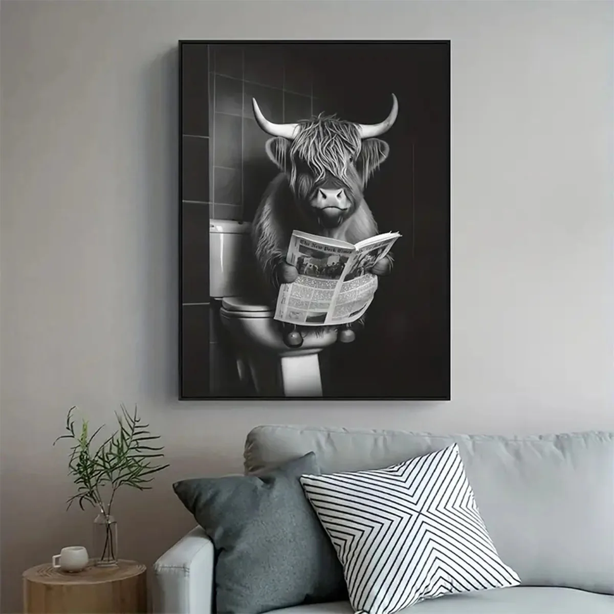 Cute and Funny Poster Cow on a Toilet Canvas Painting Bubble Bath and Wine Prints Black and White Wall Art Home Bathroom Decor