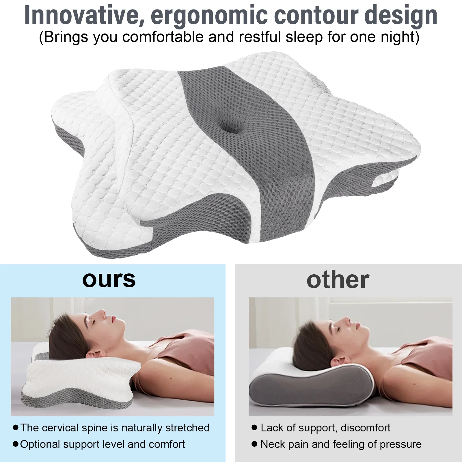 Oreiller ergonomique en mousse à mémoire de forme pour le cou, avec housse amovible et lavable, soutien orthopédique pour la tête, le cou et les épaules, soulagement de la douleur