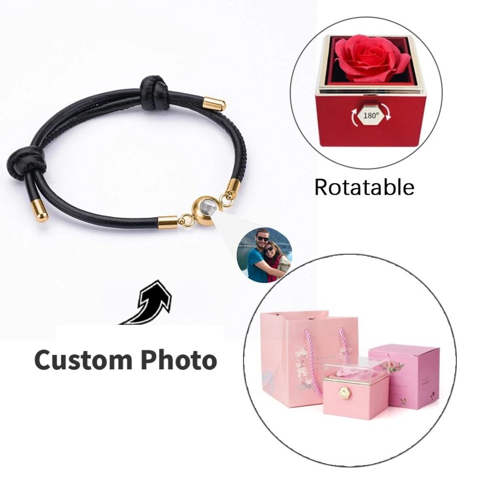 LEATHER PROJECTION BRACELET Rotating Rose Gift Box High Quality Preserved Flower Gift Box Couple Jewelry Custom Photo Bracelet