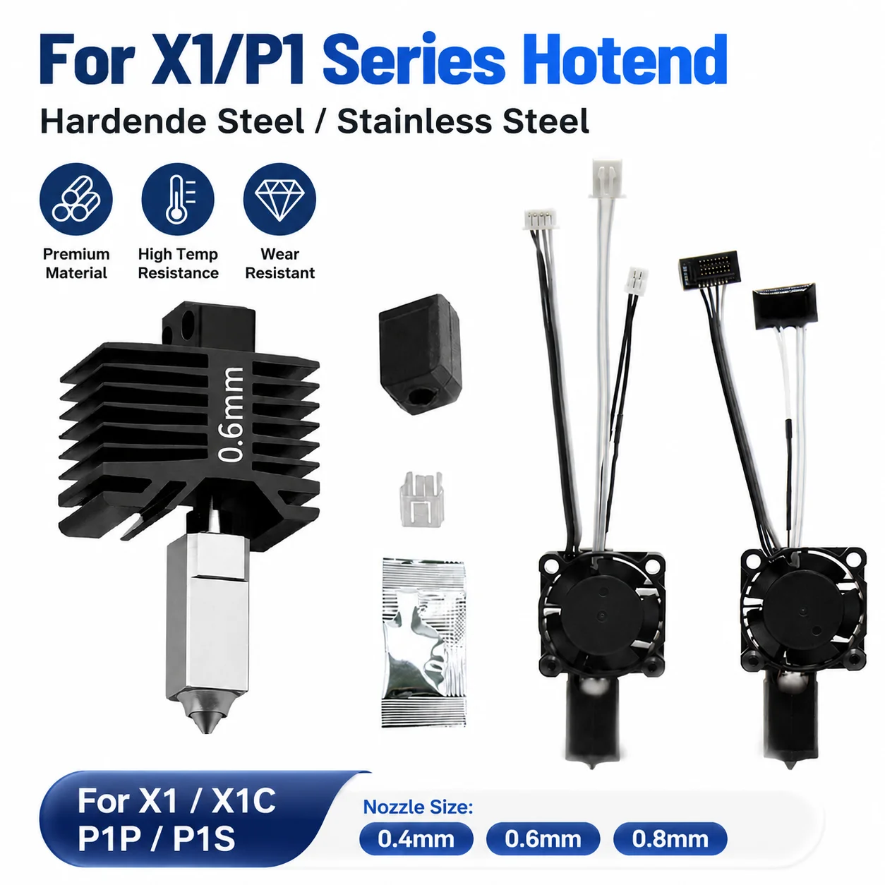 Hotend für Lab X1 X1C P1P P1S: Hartstahldüsen, Bambu All-Metal Hotend, Bambulabs Combo Thermistor für Bambu Lab Lüfter
