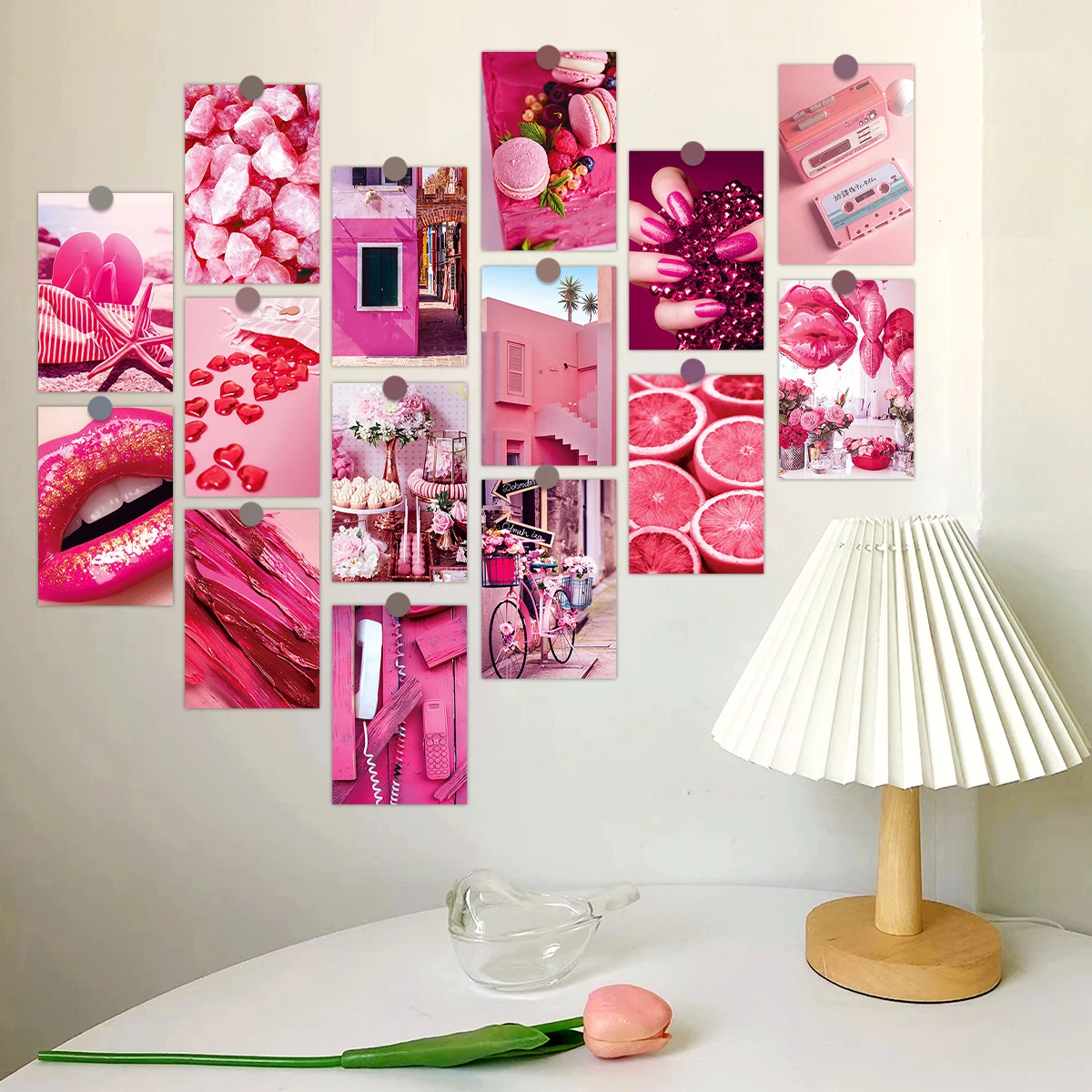 50pcs Pink Romantic Series Wall Collage Kit Neon Pink Aesthetic Postcard Personality Picturewall Decor Girls Room Bedroom Dorm